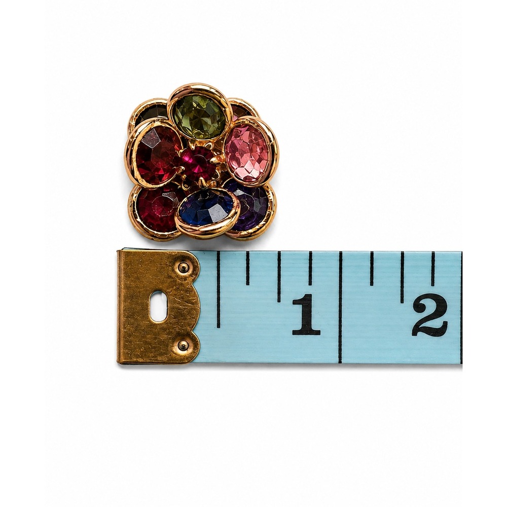 Vintage 1980s Multicolor Rhinestone Flower Clip-On Earrings Gold Tone Statement - Picture 4 of 5